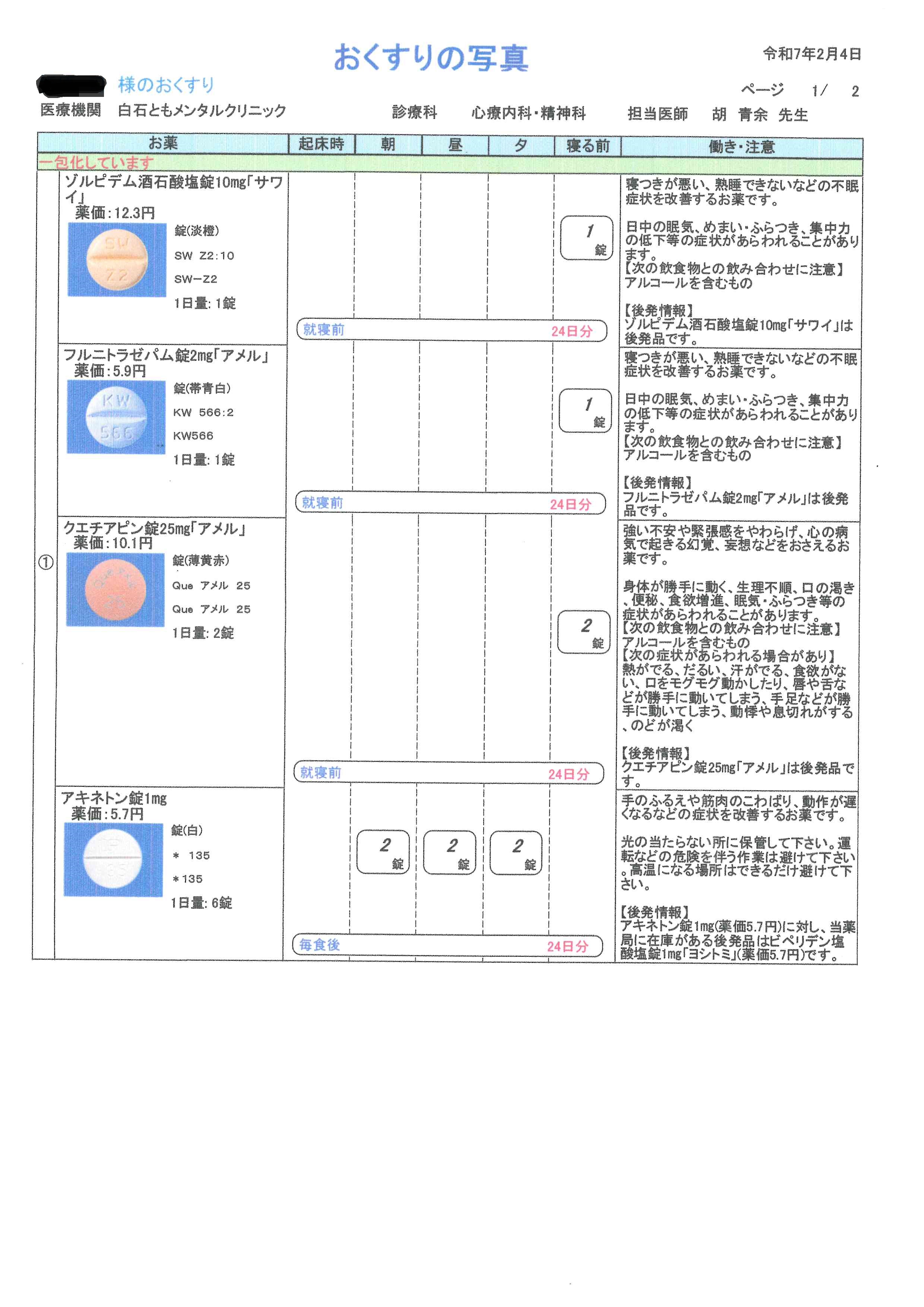 白石ともメンタルクリニックで出された薬
